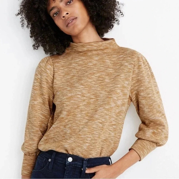 Madewell Gathered Sleeve Mock Neck Top Puff Sleeve Heather Mustard Small - Picture 1 of 6
